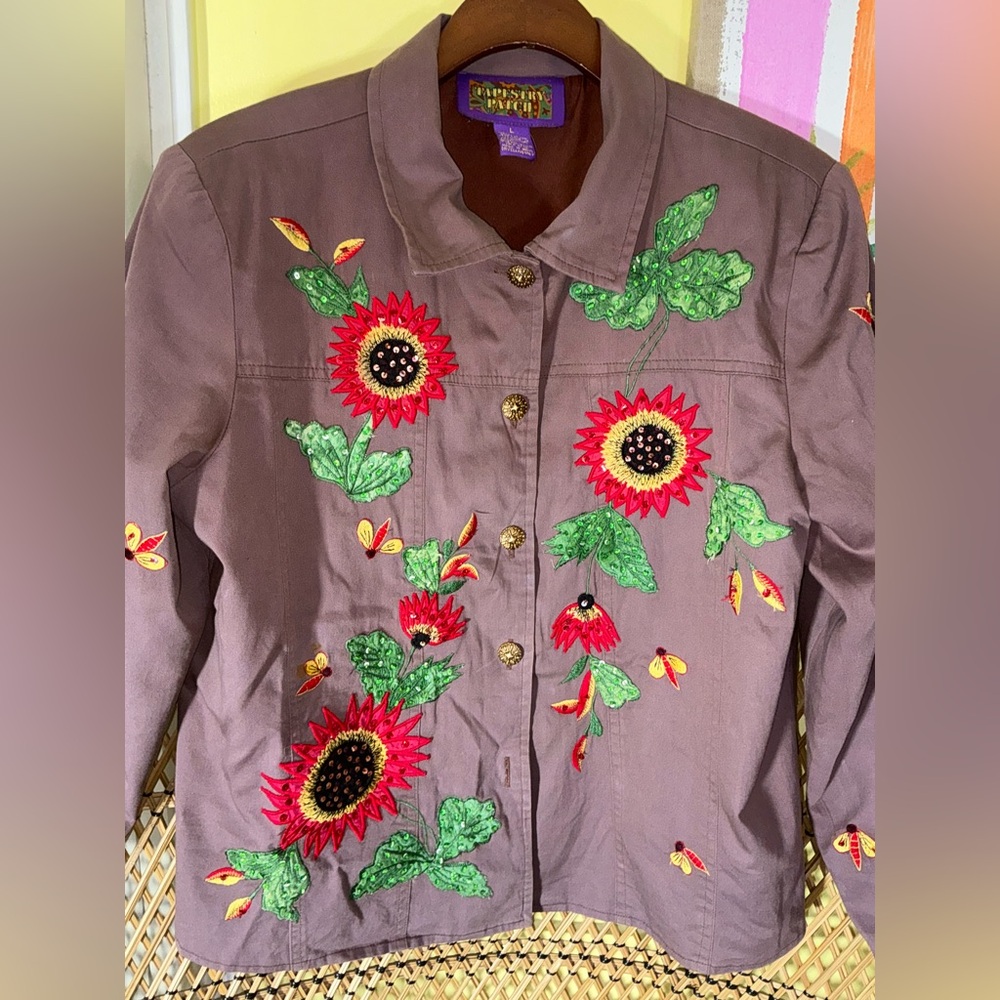 Tapestry Patch Sequin Embroidered Sunflower Jacket Bees Art to Wear Size L - Picture 7 of 10